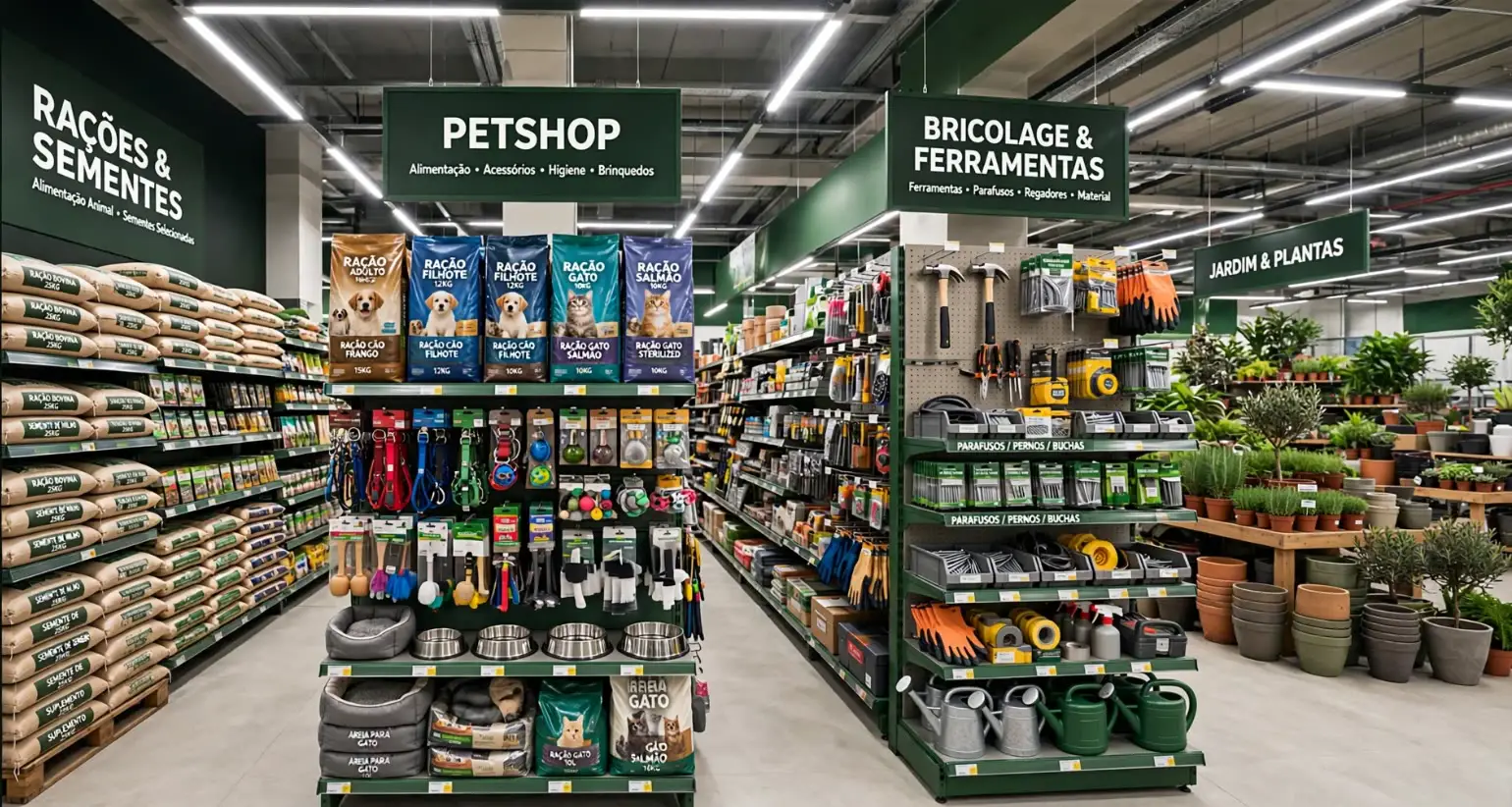 Interior da loja Agropec: rações, sementes, petshop, bricolage e jardim