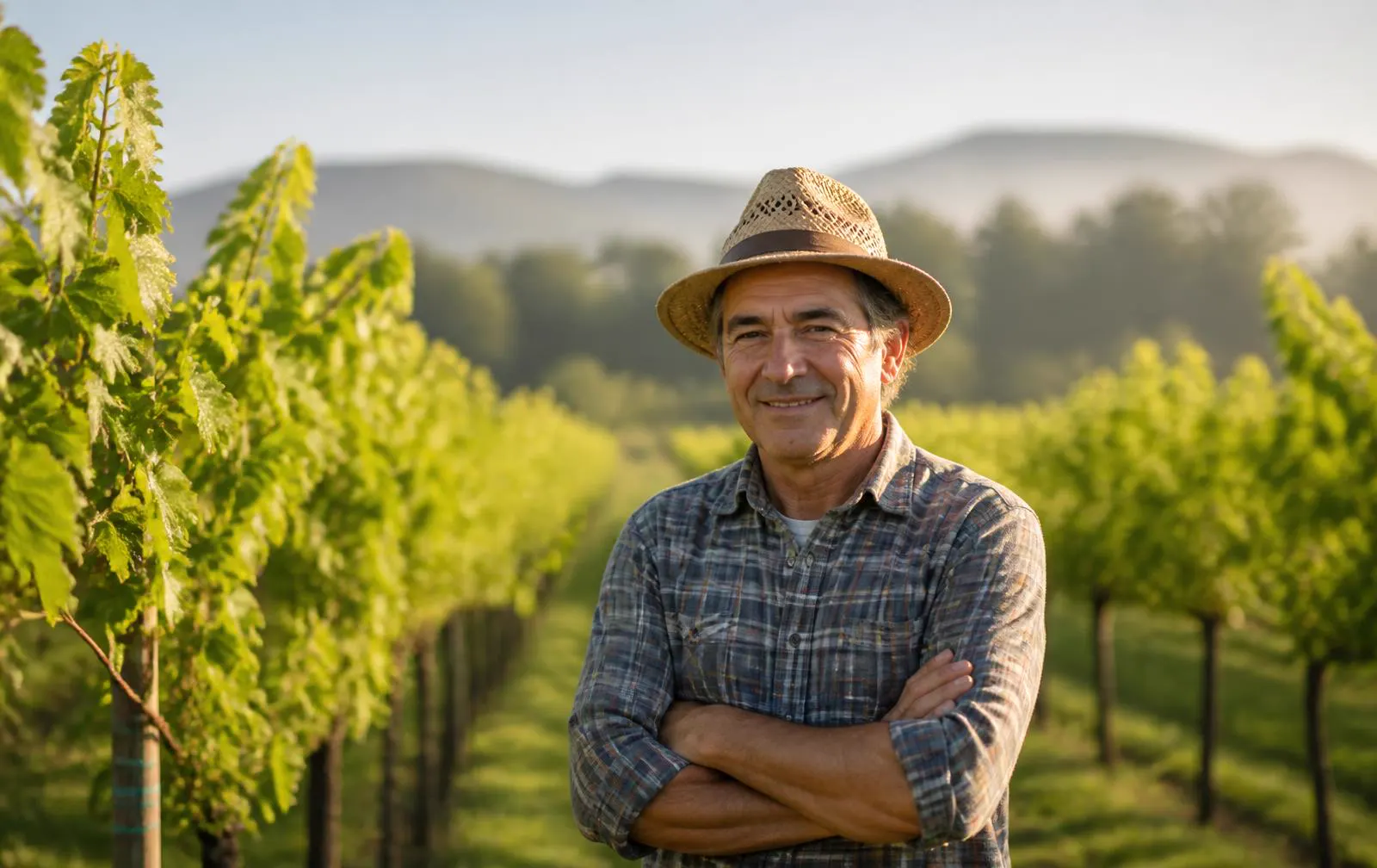 Produtor numa vinha do Vale do Lima ao início da manhã